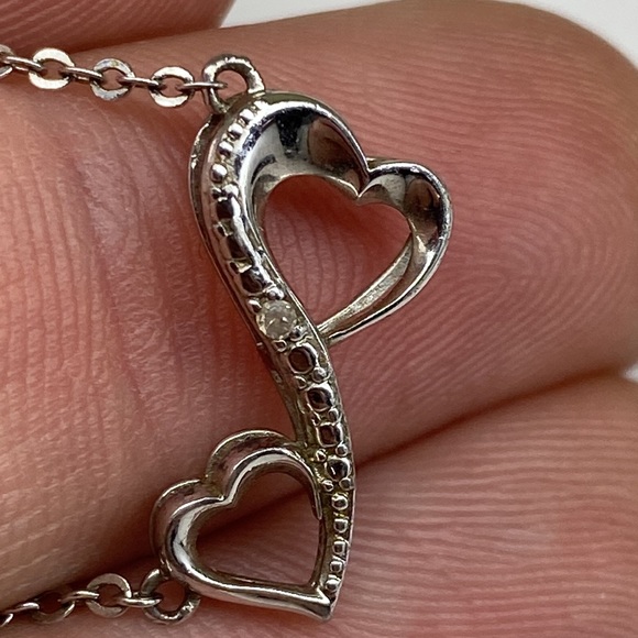 Sterling Silver Double Heart Necklace with Diamond Center Stone - Picture 8 of 9